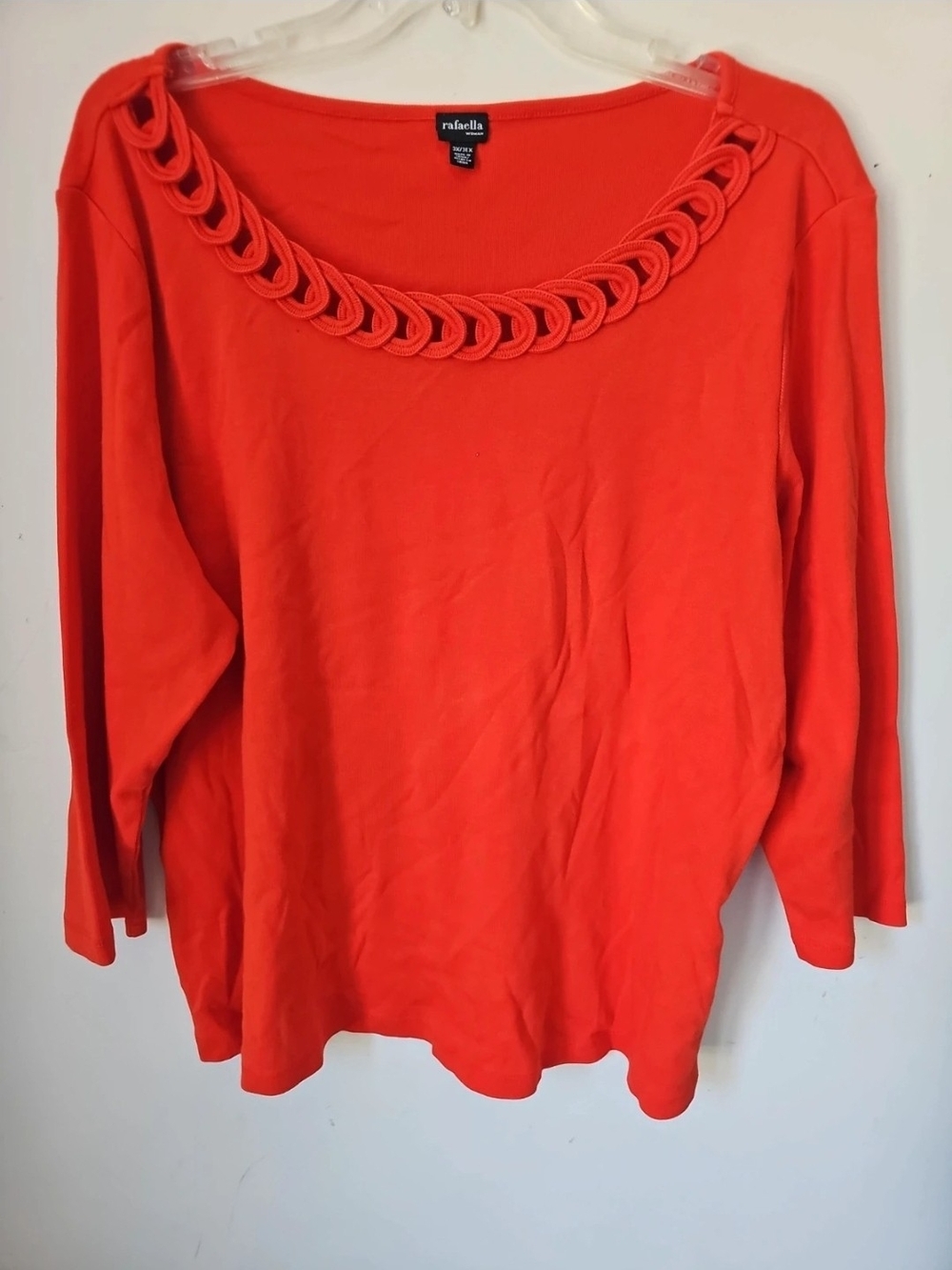 Rafaella Coral-Red Long Sleeve Scoop Neck Top with Decorative Loop Trim